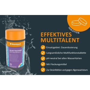 Steinbach Poolpflege Test-Set | Quicktest Streifen für pH-Wert & freies Chlor + Quattrotabs 200g | Wasseranalyse & Desinfektion in einem Set | schnelllöslich & pH-neutral | für Pools & Whirlpools