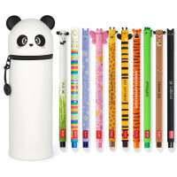 LEGAMI Set mit 10 radierbaren Gelstiften + Panda 2-in-1 Federmäppchen - mit thermoempfindlicher Löschtinte, verschiedene Tintenfarben und Schaftdesigns, 0,7 mm Spitze, Set 2