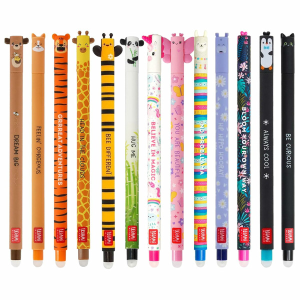 LEGAMI - Set mit 13 radierbaren Gelstiften mit thermosensibler Radiertinte, farbiger Tinte und lustigem Schaft-Design, 0,7 mm Spitze, Tierdesigns, Panda, Lama, Einhorn usw.