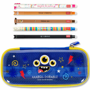 LEGAMI WonderWow Federmäppchen & radierbarer Stift | Set mit 5 niedlichen Tierstiften mit thermosensitiver Tinte + Federmäppchen mit 2 Fächern (Monster)
