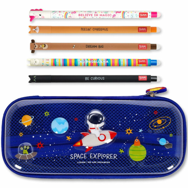 LEGAMI WonderWow Federmäppchen & radierbarer Stift | Set mit 5 niedlichen Tierstiften mit thermosensitiver Tinte + Federmäppchen mit 2 Fächern (Weltraum)