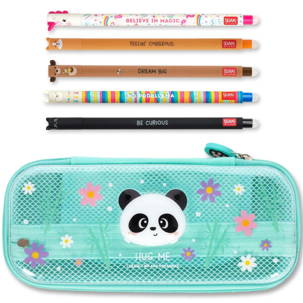LEGAMI WonderWow Federmäppchen & radierbarer Stift | Set mit 5 niedlichen Tierstiften mit thermosensitiver Tinte + Federmäppchen mit 2 Fächern (Panda)