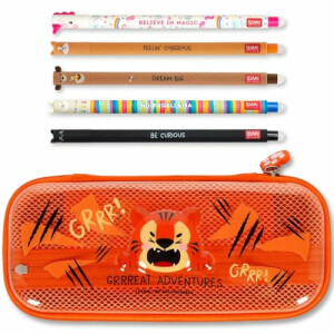 LEGAMI WonderWow Federmäppchen & radierbarer Stift | Set mit 5 niedlichen Tierstiften mit thermosensitiver Tinte + Federmäppchen mit 2 Fächern (Tiger)