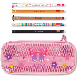 LEGAMI WonderWow Federmäppchen & radierbarer Stift | Set mit 5 niedlichen Tierstiften mit thermosensitiver Tinte + Federmäppchen mit 2 Fächern (Schmetterling)