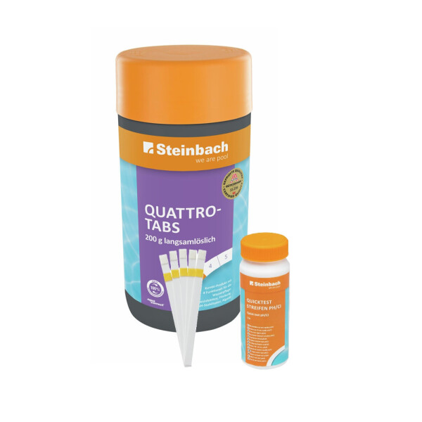 Steinbach Poolpflege Test-Set | Quicktest Streifen für pH-Wert & freies Chlor + Quattrotabs 200g | Wasseranalyse & Desinfektion in einem Set | schnelllöslich & pH-neutral | für Pools & Whirlpools
