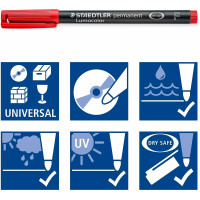 STAEDTLER permanenter Universalstift Lumocolor, wisch- und wasserfest, sekundenschnell trocken, nachfüllbar, F-Spitze - Linienbreite 0,6 mm, 4 Marker in sortierten Farben, 318 WP4, Rot, Blau, Grün, Schwarz
