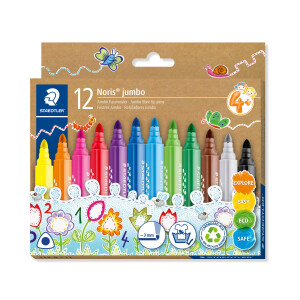 Staedtler 328-B C12 Dicke Fasermaler Noris jumbo, ergonomischer Schaft, für Kinder ab 4 Jahren, 12 Filzstifte in sortierten Farben in umweltfreundlicher Kartonverpackung