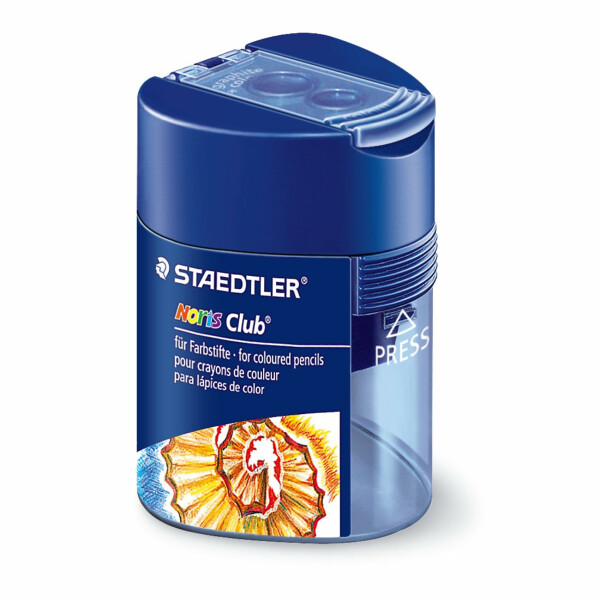 STAEDTLER Doppelspitzdose Noris Club, zwei Spitzlöcher für unterschiedliche Stiftformate, mit Verschlussdeckel, dreikant, blau transparent, 512 128