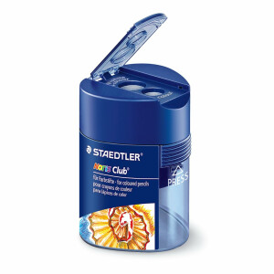STAEDTLER Doppelspitzdose Noris Club, zwei Spitzlöcher für unterschiedliche Stiftformate, mit Verschlussdeckel, dreikant, blau transparent, 512 128