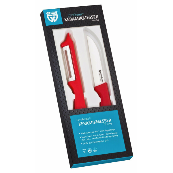 GRÄWE Keramik Messerset Cerahome 2-teilig | Messer (7,5 cm) & Schäler (18 cm) | Zirkonia-Klinge & Kunststoffgriff | hygienisch, geschmacksneutral & leicht | Rot