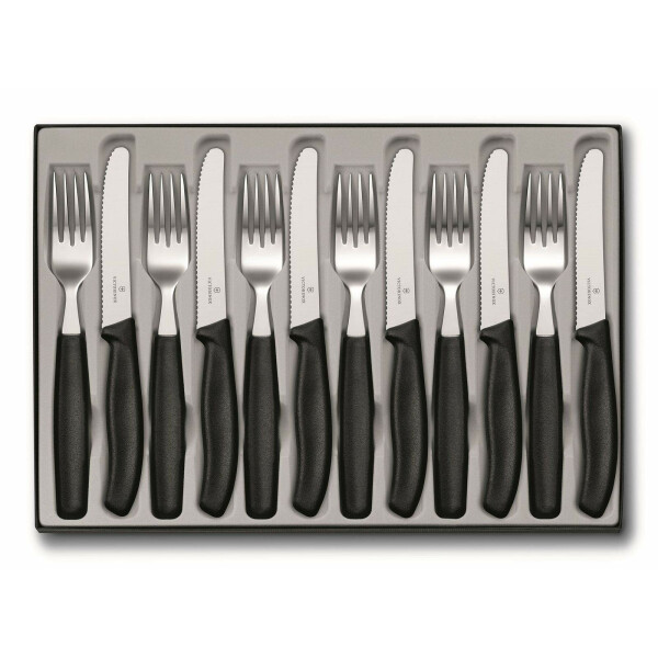 Victorinox Classic, Profi Tafelbesteck, 12-teilig, Extra Scharfe Klinge, Wellenschliff, 11 cm, Rostfreier Stahl, schwarz