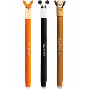 EBERHARD FABER 599019 - Tintenroller radierbar, 3 Animal Erase it Stifte, Panda, Fuchs, Faultier, Gelschreiber blau 0,7 mm