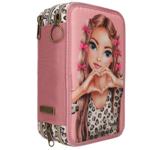 Depesche 13640 TOPModel Leoheart - Gefüllte 3-Fach Federtasche in Rosa, mit Model Motiv und Schleifen, Federmappe mit Buntstiften, Schere, Lineal UVM.