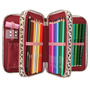Depesche 13640 TOPModel Leoheart - Gefüllte 3-Fach Federtasche in Rosa, mit Model Motiv und Schleifen, Federmappe mit Buntstiften, Schere, Lineal UVM.