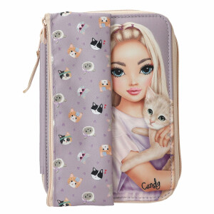 Depesche 13658 TOPModel Kitty and Doggy - Gefüllte Federtasche in Lila, inkl. Schlampermappe, mit Model Motiv und Katzen Muster, Federmappe mit Buntstiften, Schere UVM.