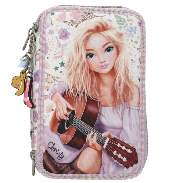Depesche 13664 TOPModel Cowgirl - Gefüllte 3-Fach Federtasche in Lila, mit Model Motiv und Blumen-Muster, Federmappe mit Buntstiften, Schere, Lineal UVM.