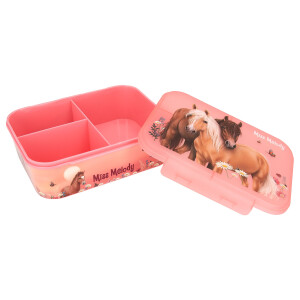 Depesche 12895 Miss Melody Flowers - Brotdose in Altrosa, mit Pferde Motiv und Blumen, Lunchbox mit 3 Fächern und transparentem Deckel
