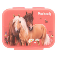 Depesche 12895 Miss Melody Flowers - Brotdose in Altrosa, mit Pferde Motiv und Blumen, Lunchbox mit 3 Fächern und transparentem Deckel