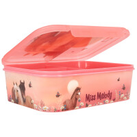 Depesche 12895 Miss Melody Flowers - Brotdose in Altrosa, mit Pferde Motiv und Blumen, Lunchbox mit 3 Fächern und transparentem Deckel