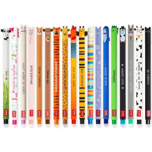 LEGAMI Set mit 18 radierbaren Gelstiften mit thermoempfindlicher Radiertinte, verschiedene Tintenfarben und Fassdesigns, 0,7 mm Spitze, Tierdesigns, Huhn, Schwein, Esel, Kuh usw