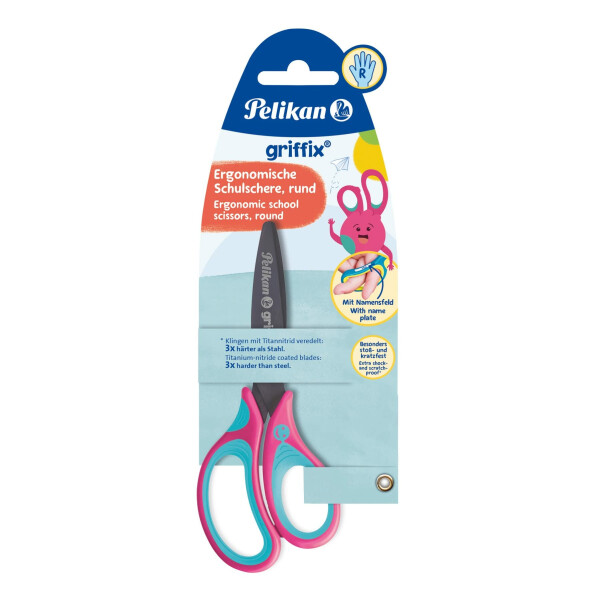 PELIKAN Griffix Schere Abgerundet, Schere für Rechtshänder, Länge 14 cm, Schulschere, Titanbeschichtung, Ergonomischer und Weicher Griff, Ideal zum Büro und Schule, Rosa Blau, Blisterverpackung