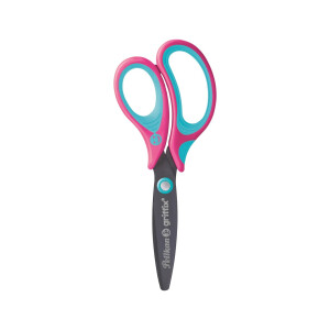 PELIKAN Griffix Schere Abgerundet, Schere für Rechtshänder, Länge 14 cm, Schulschere, Titanbeschichtung, Ergonomischer und Weicher Griff, Ideal zum Büro und Schule, Rosa Blau, Blisterverpackung