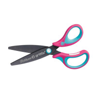 PELIKAN Griffix Schere Abgerundet, Schere für Rechtshänder, Länge 14 cm, Schulschere, Titanbeschichtung, Ergonomischer und Weicher Griff, Ideal zum Büro und Schule, Rosa Blau, Blisterverpackung
