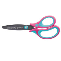 PELIKAN Griffix Schere Abgerundet, Schere für Rechtshänder, Länge 14 cm, Schulschere, Titanbeschichtung, Ergonomischer und Weicher Griff, Ideal zum Büro und Schule, Rosa Blau, Blisterverpackung