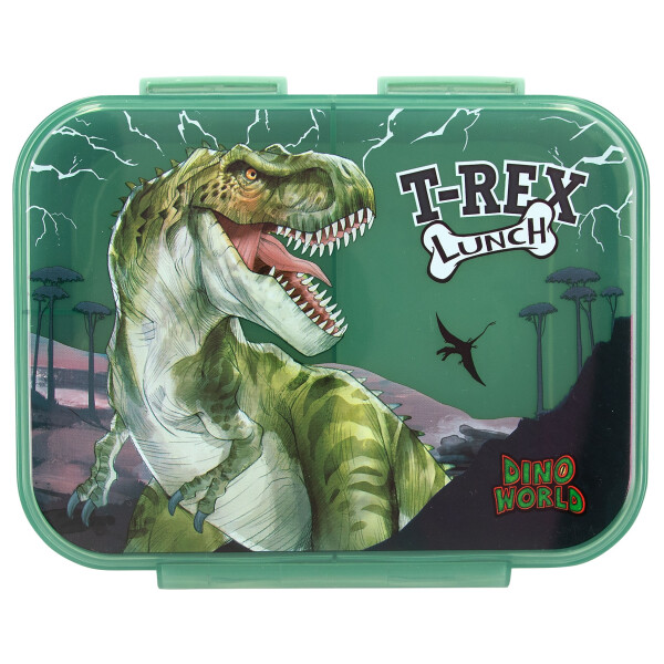 Depesche 12898 Dino World Reflector - Brotdose in Dunkelgrün, mit Dino Motiv und Blitzen, Lunchbox mit 3 Fächern und transparentem Deckel
