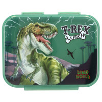 Depesche 12898 Dino World Reflector - Brotdose in Dunkelgrün, mit Dino Motiv und Blitzen, Lunchbox mit 3 Fächern und transparentem Deckel