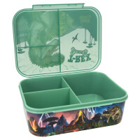 Depesche 12898 Dino World Reflector - Brotdose in Dunkelgrün, mit Dino Motiv und Blitzen, Lunchbox mit 3 Fächern und transparentem Deckel