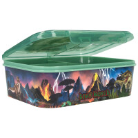 Depesche 12898 Dino World Reflector - Brotdose in Dunkelgrün, mit Dino Motiv und Blitzen, Lunchbox mit 3 Fächern und transparentem Deckel