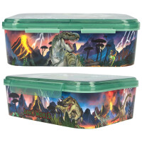 Depesche 12898 Dino World Reflector - Brotdose in Dunkelgrün, mit Dino Motiv und Blitzen, Lunchbox mit 3 Fächern und transparentem Deckel