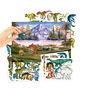 Depesche 13207 Dino World - Stickerbuch mit 20 illustrierten Hintergrundseiten zum Gestalten von Dinosaurier Motiven, inkl. 6 Seiten Aufkleber mit Papier- und Puffy-Stickern