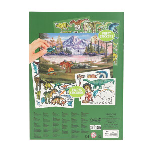 Depesche 13207 Dino World - Stickerbuch mit 20 illustrierten Hintergrundseiten zum Gestalten von Dinosaurier Motiven, inkl. 6 Seiten Aufkleber mit Papier- und Puffy-Stickern
