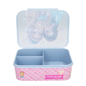 Depesche 13255 TOPModel Team Teddy - Brotdose in Rosa, mit Model Motiv und Karo Muster, Lunchbox mit 3 Fächern und transparent-blauem Deckel