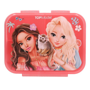 Depesche 13414 TOPModel Juicy - Brotdose in Grün und Rosa, mit Model Motiv und Blumen Muster, Lunchbox mit 3 Fächern und Klappdeckel