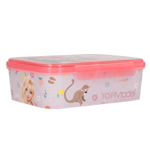 Depesche 13414 TOPModel Juicy - Brotdose in Grün und Rosa, mit Model Motiv und Blumen Muster, Lunchbox mit 3 Fächern und Klappdeckel