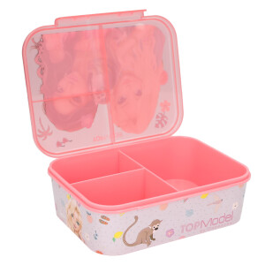 Depesche 13414 TOPModel Juicy - Brotdose in Grün und Rosa, mit Model Motiv und Blumen Muster, Lunchbox mit 3 Fächern und Klappdeckel