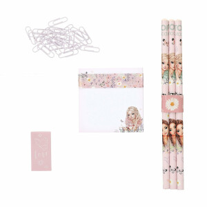Depesche 13614 TOPModel Summer Feeling - Schreibwaren Box in Rosa, mit Model Motiv und Blumen Muster, inkl. Papier, Bleistiften, Radiergummi, Lineal uvm.