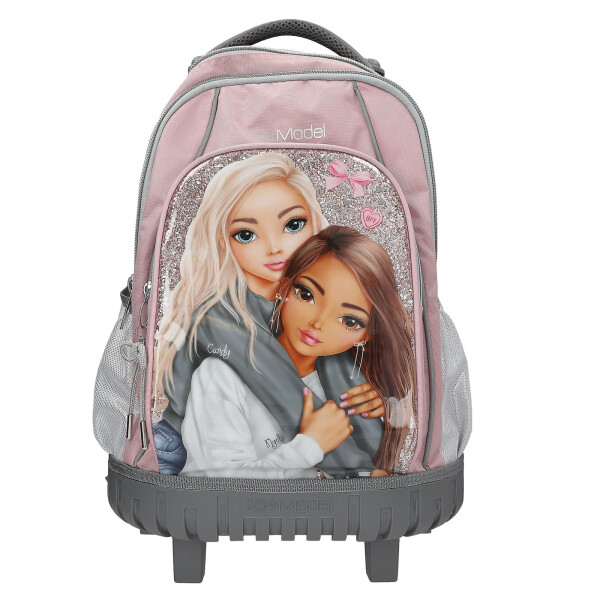 Depesche 13317 TOPModel My BFF - Schulrucksack Trolley in Rosa und Grau, mit Model Motiv und Glitzer, Schultasche mit Teleskopgriff und Rollen