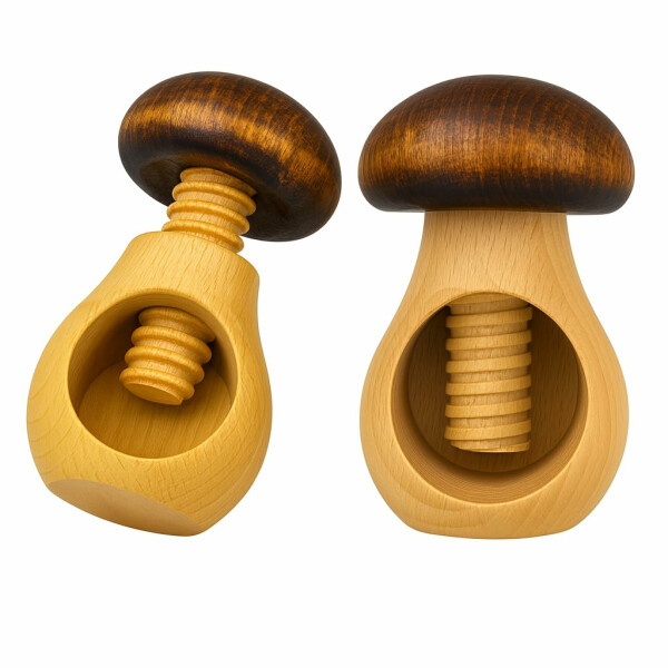NEUSTANLO Nussknacker Set 2-teilig | Pilz Design in Braun | massives Buchenholz handgefertigt | Schraubgewinde mit dickem Gewinde | klassischer Charme | ideal für Walnüsse & Haselnüsse