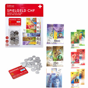 tanner DER KLEINE KAUFMANN TANNER Deco - Schweizer Spielgeldkarte CHF, aus Papier und Kunststoff, Zubehör für Kaufmannsladen, Spielgeld, 0208.9