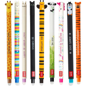 LEGAMI radierbare Gelschreiber Gelstifte mit Tiermotiven, verschiedene Schreibfarben 9er Set Giraffe, Lama, Bunny, Kitty, Biene, Panda, Einhorn, Pinguin und Tiger