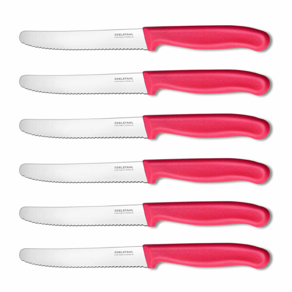 NEUSTANLO | Tafelmesser aus rostfreiem Stahl | 6 Stück | Pink | extra scharfer Wellenschliff | ideales Brötchenmesser, Tomatenmesser für den Frühstückstisch
