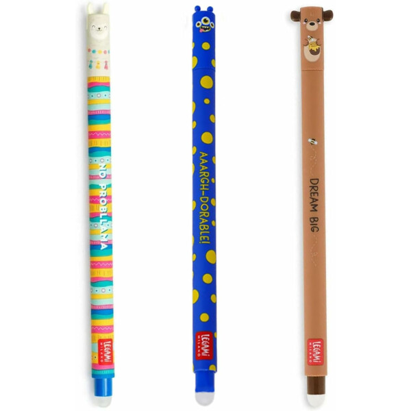 LEGAMI - 3er Set Gel-Radierstifte, Teddy, Lama und Monster Radierbar ohne Blatt zu verbrauchen, 0,7 mm Spitze
