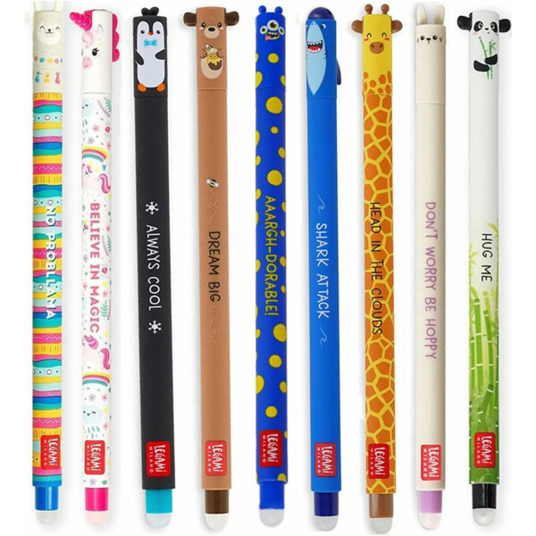 LEGAMI radierbare Gelschreiber Gelstifte mit Tiermotiven Multipack mit neun verschiedenen Stiften Hai, Giraffe, Panda, Lama, Einhorn, Bunny, Pinguin, Teddy und Monster