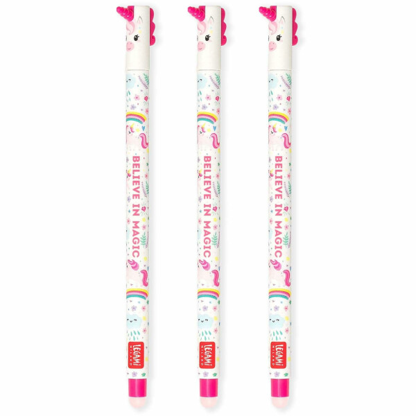 LEGAMI Set mit 3 radierbaren Gelstiften mit thermoempfindlicher Radiertinte, 0,7 mm Spitze, Einhorn-Designs