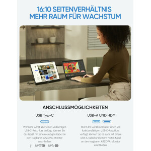 ARZOPA 2.5K Portabeler Monitor, 16 Zoll 2560x1600 HDR 10bit QHD USB-C HDMI Laptop Monitor, 16:10 IPS Augenschutz Externer Zweitbildschirm für Mac PC Phone PS4/5 Xbox Switch (Z1RC)