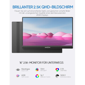 ARZOPA 2.5K Portabeler Monitor, 16 Zoll 2560x1600 HDR 10bit QHD USB-C HDMI Laptop Monitor, 16:10 IPS Augenschutz Externer Zweitbildschirm für Mac PC Phone PS4/5 Xbox Switch (Z1RC)